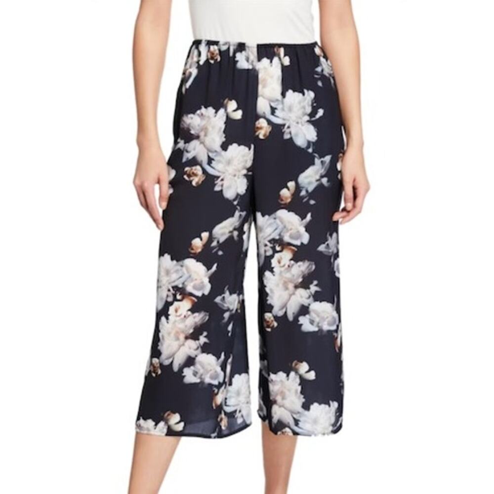 Vince Black Silk Peony Print Pull-On Flowy Culottes Pant Cropped 2 Pockets S